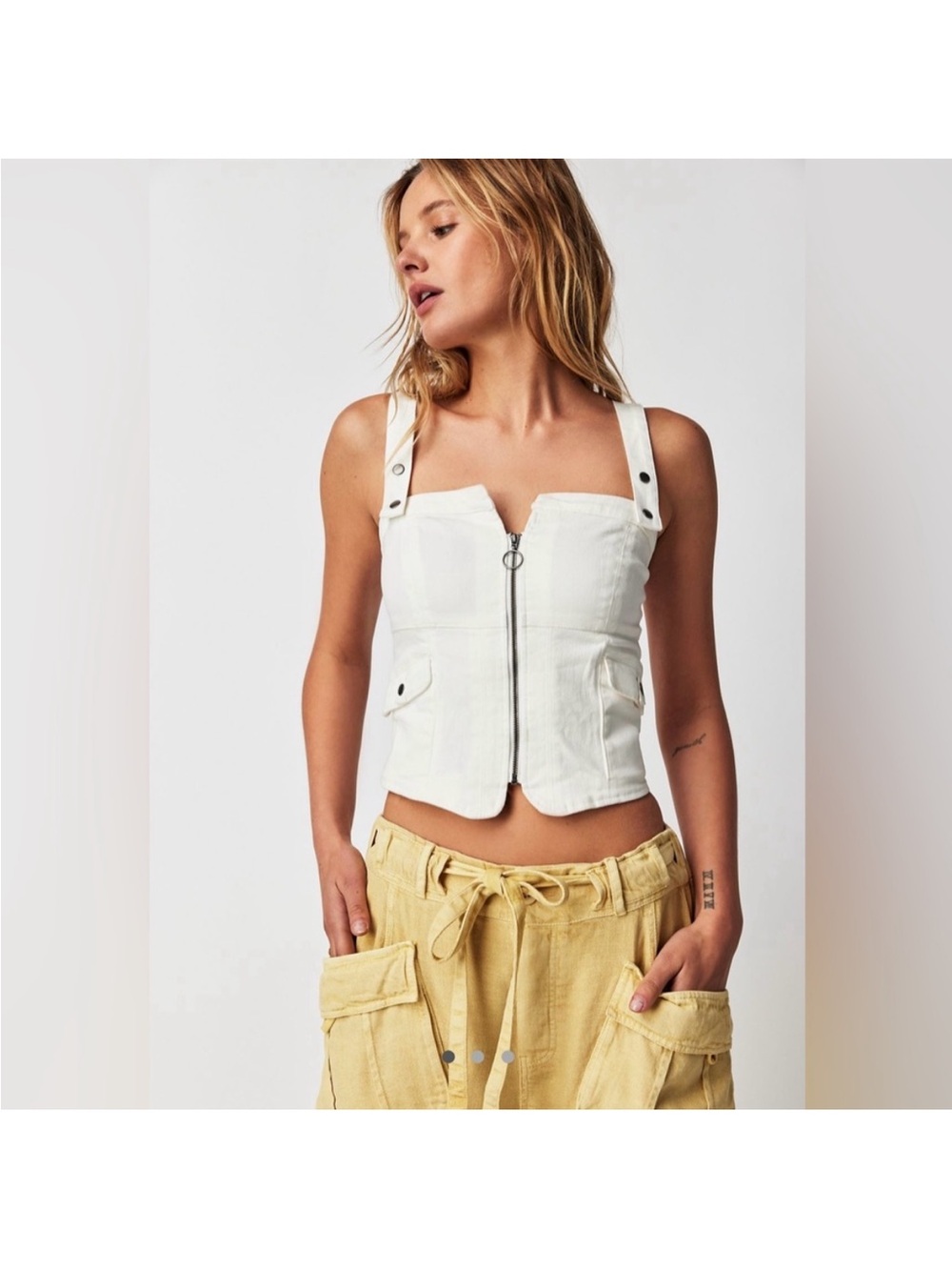 Free People Talk Sporty to Me White Denim Corset Top - SZ MED